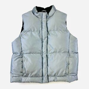 Y2K womens down puffer vest Medium grey fleece lined zip front high neck outdoor